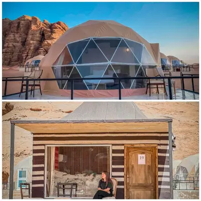 a woman sitting inside of a yurt in the desert at Rum Leno Luxure camp in Wadi Rum