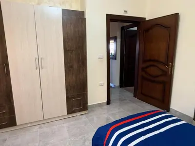 a bedroom with a bed and a large closet at Cozy Flat, Amman Airport in Amman