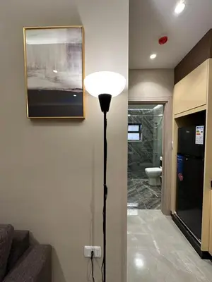 a floor lamp in a living room with a couch at Chic Apartments For Rent ave2-5 in Amman