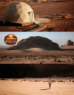 two pictures of a man walking in the desert at RUM MARS VALLEY BUBBLE lUXURY CAMP in Wadi Rum