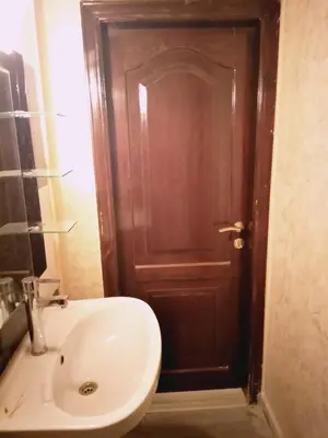 a bathroom with a sink and a wooden door at zin home in ‘Awjān ash Sharqī