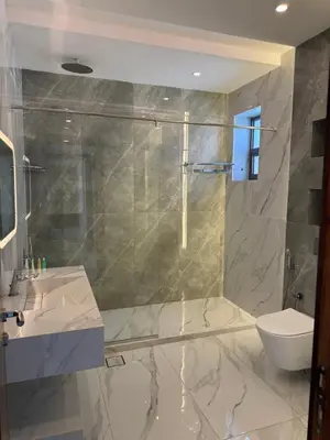 a bathroom with a shower and a sink and a toilet at Sol Villa By Seahorse in Al Rama
