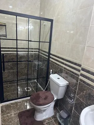 a bathroom with a toilet with a shower and a sink at Airport Road شارع المطار in Al Yādūdah