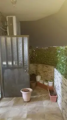 a room with a door and some potted plants at soon inn in Petra