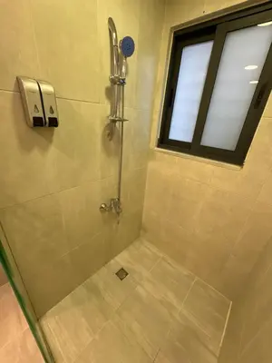 a shower stall with a window in a bathroom at 2 En-suite Rooms, Central & Garden Terrace in Amman