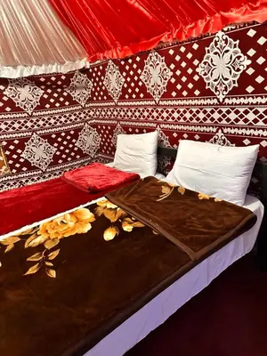 a couple of beds in a tent with pillows at Bedouin Camp&tour in Wadi Rum