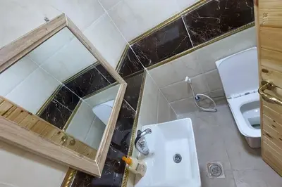 a bathroom with a sink and a mirror and a toilet at أكواخ وشقق كرم العنب عجلون in ‘Ayn Jannā
