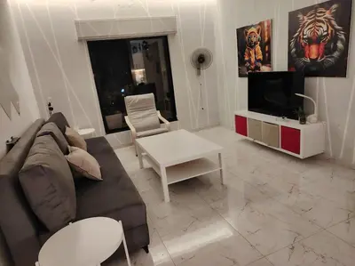 a living room with a couch and a tv at Cozy modern 2 bedroom apartment in Amman