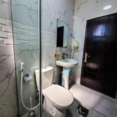 a bathroom with a toilet and a sink and a shower at Petra Summit Hotel in Petra
