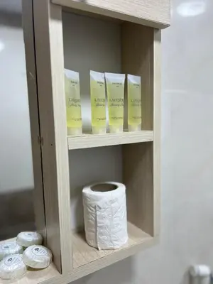 a shelf with rolls of toilet paper in a bathroom at Bright Stars Camp in Disah