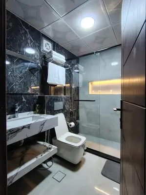 a bathroom with a toilet and a sink and a shower at Eagle Rum Camp in Disah