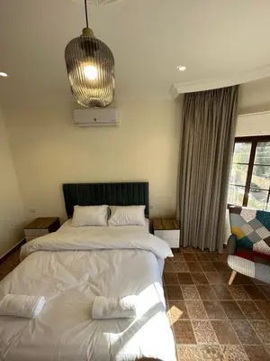 a bedroom with a bed and a pendant light at 10 Antica jabalal-lwebdeh in Amman