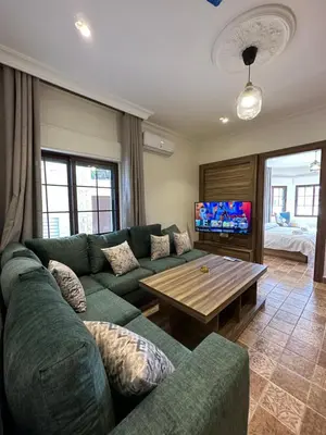 a living room with a green couch and a table at 10 Antica jabalal-lwebdeh in Amman