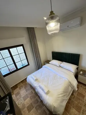 a bedroom with a large bed and a pendant light at 11 Antica jabalal-lwebdeh in Amman
