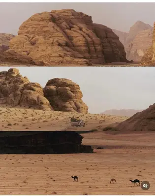 two pictures of a desert with a camel and a truck at Bedouin cave wadi rum campsite in Wadi Rum
