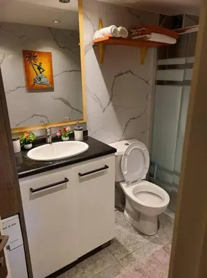 a bathroom with a white toilet and a sink at Loft Apartment Jabal Amman B in Amman
