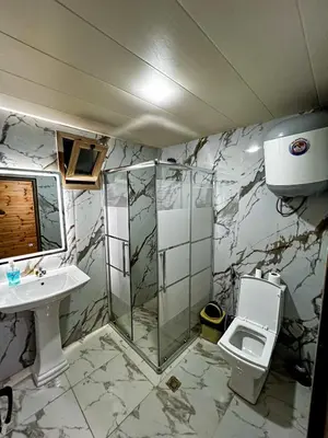 a bathroom with a shower and a toilet and a sink at اكواخ سفاري السياحية in Ajloun