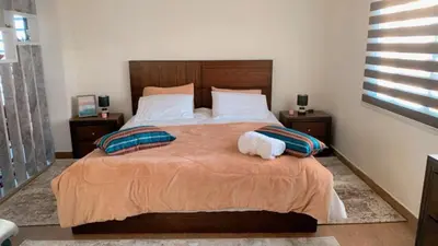 a bedroom with a large bed with two pillows at Rooftop View in Amman