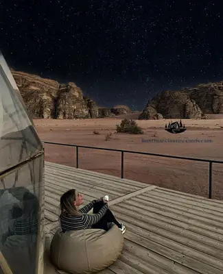 a woman sitting on a bench looking at the desert at RUM MARS lUXURY SANDS BUBBLE CAMP in Wadi Rum