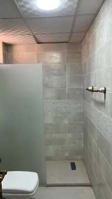 a bathroom with a shower with a toilet in it at Monica Wadi Rum in Wadi Rum