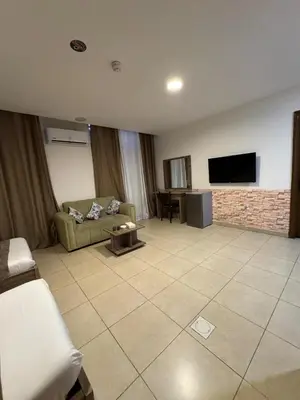 a living room with a couch and a television at Al-RAYAN HOTEL SUITES in Amman