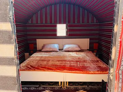 a bed in a room with a purple wall at Desert Rock Wadi Rum in Wadi Rum