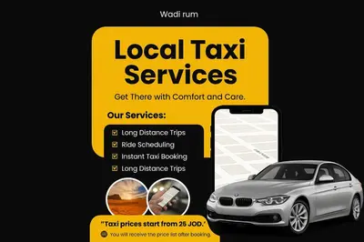 a flyer for a local taxi services with a car at Desert Waves Camp in Wadi Rum