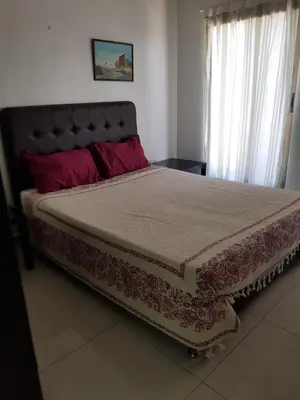 a bedroom with a large bed with red pillows at Waleed's Studio in Amman