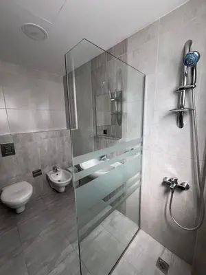 a bathroom with a shower and a toilet and a sink at Luxurious cozy apt 2 in Amman