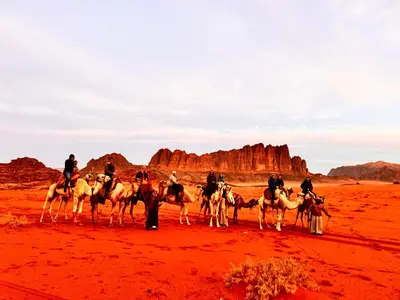 a group of people riding on horses in the desert at Panorama Wadi Rum Sunset Camp in Wadi Rum