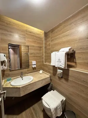 a bathroom with a sink and a toilet and a mirror at Aysel Hotel in Aqaba