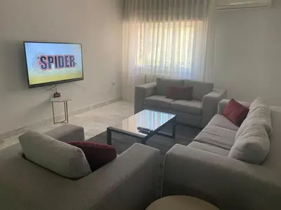 a living room with couches and a flat screen tv at Bright & Spacious, Upscale Amman in Amman