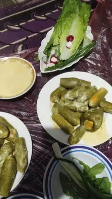 a table with plates of food with pickles and lettuce at Doven Farm in Wadi Musa