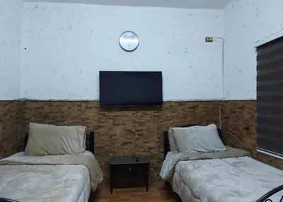 a room with two beds and a tv on a brick wall at stone house in Amman
