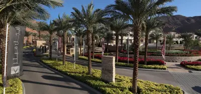 a street with palm trees in a resort at Al RAHA village - Aqaba أستوديو بقرية الراحه العقبة مرسى زايد in Aqaba