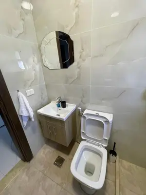 a bathroom with a toilet and a sink and a mirror at Sawa Apartment in Amman