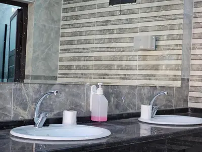 two sinks in a bathroom with a pink soap bottle at RUM CITY STAR BUBBLE lUXURY CAMP in Wadi Rum