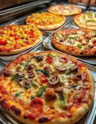 a group of pizzas sitting on pans on a table at المنشيه ان in Al Manshīyah