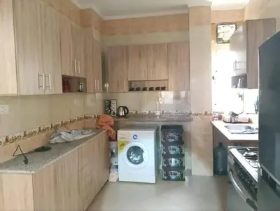 a kitchen with a washing machine on the counter at Cool apartment in Maḩaţţat al Jufūr