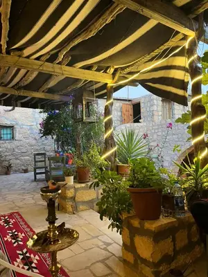 a patio with a bunch of potted plants under an umbrella at Hartna zaman in Taiyiba
