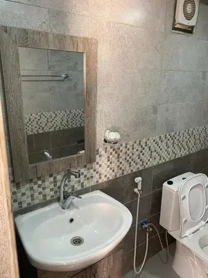 a bathroom with a sink and a mirror and a toilet at Al Jawhara Luxury Camp in Wadi Rum