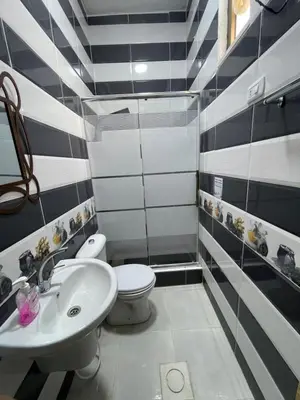 a bathroom with a white toilet and a sink at Petra 555 Rooms & Apartment in Wadi Musa