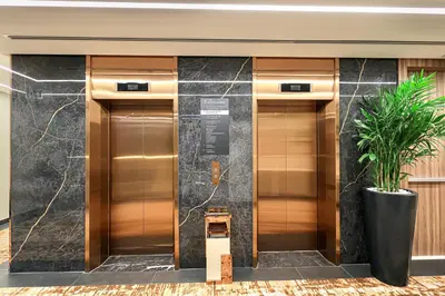 a row of elevators in a building with a potted plant at Swisstouches Hotel Amman in Amman