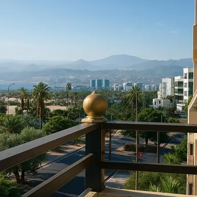 a balcony with a view of a city at White Apartment in Aqaba