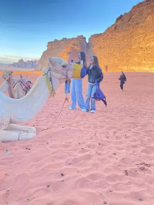a group of people standing next to a camel on the beach at Green Desert in Wadi Rum
