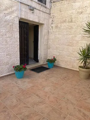 a patio with two potted plants and a door at Family Spacious newly furnished 2 Bedroom 2 bath in Amman