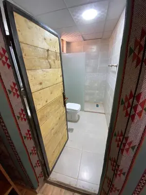 a bathroom with a toilet and a wooden door at Lowrance luxury camp in Wadi Rum