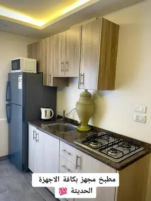 a kitchen with wooden cabinets and a sink and a refrigerator at Falcon Real Estate in Amman