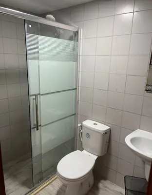 a bathroom with a toilet and a glass shower at Falcon Real Estate in Amman