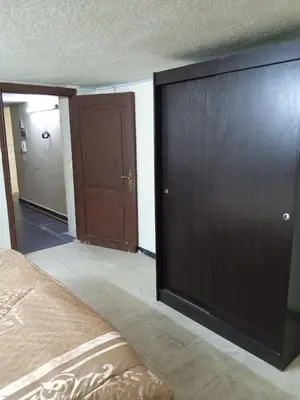 a bedroom with a bed and a large wooden closet at شقة الراحة والسعادة economic comfortable flat first floor in Amman